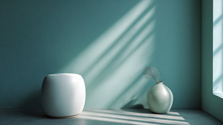 This image showcases a minimalist interior with a soft teal wall and a concrete floor, illuminated by strong sunlight. A white, rounded vase sits near a matching, spherical planter, and shadows cast by the window create interesting patterns. Suitable for various editorial and commercial applications.の素材