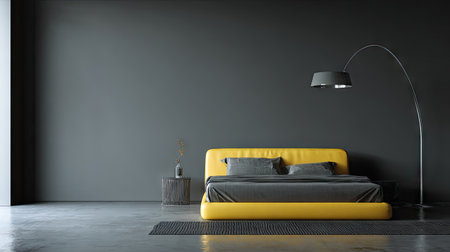 A modern bedroom interior presents a yellow bed against a dark gray wall. A minimalist decor includes a side table, a floor lamp, and a dark rug. The composition utilizes shadows and smooth textures, suggesting a contemporary style. Suitable for use in design, lifestyle, or architectural projects.の素材