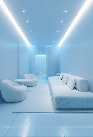 A spacious interior displays modern white furniture including a long sofa, armchairs and a small table. The image showcases a monochrome style with a focus on clean lines and ambient lighting. The setting is indoors, possibly a waiting area or a private lounge, ideal for design-related projects or architectural publications.の素材