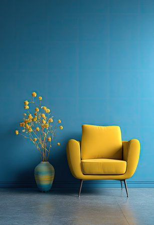 A contemporary interior scene features a vibrant yellow armchair positioned beside a decorative vase holding yellow floral accents. The setting showcases a cool-toned blue wall and floor with minimalist design. This composition suggests uses for architectural, design, or lifestyle-related projects, emphasizing clean lines and color contrast.の素材