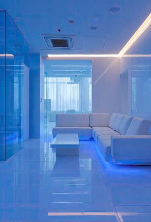 A contemporary interior showcases a minimalist living room in shades of blue and white. The composition features a white sectional sofa, a low table, and glossy flooring. Overhead lighting illuminates the space. Suitable for architectural, design, or lifestyle projects, this image offers versatile applications.の素材