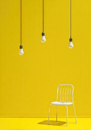 This image features a white chair against a vibrant yellow backdrop, with three light bulbs suspended from above. The composition presents a clean, minimalist aesthetic, using a limited color palette. The scene is illuminated by overhead lighting, casting shadows on the yellow surface. This could be suitable for various design, advertising or editorial projects.の素材