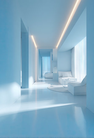 A minimalist interior showcases a bright blue corridor bathed in soft, natural light. The composition highlights clean lines, open spaces, and smooth textures. The lighting accentuates the modern design, suggesting a tranquil and serene environment suitable for various commercial or artistic applications.の素材