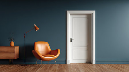 A contemporary interior showcases an orange armchair, a wooden cabinet with decor, and a closed white door against a dark blue wall. The scene is illuminated by ambient lighting. This visual could be suitable for use in advertisements, design projects, or editorial content related to home decor.の素材