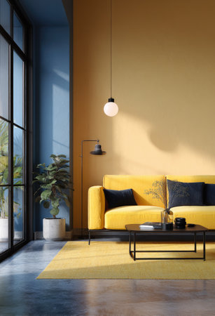 A contemporary interior showcases a bright yellow sofa against a warm yellow wall. Black pillows and a coffee table provide contrast, while natural light streams in. The scene uses minimalist decor. This image can be used for commercial projects such as interior design or architectural concepts.の素材
