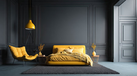 A modern bedroom features a yellow bed and matching chair against a dark gray panelled wall. A yellow lamp hangs overhead, illuminating the space. Neutral tones are paired with bold accents. The image could be used for interior design projects or advertising concepts.の素材