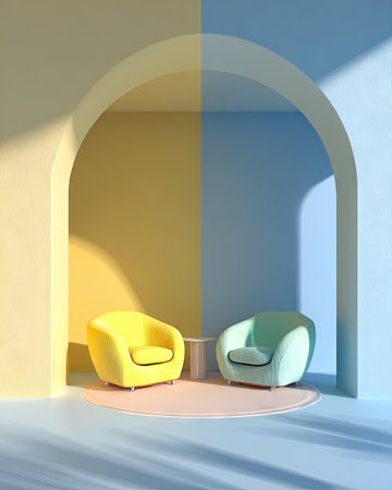 Two armchairs are arranged under an archway, one yellow and the other teal, creating a modern interior design. The composition features a vibrant split background of yellow and blue, enhancing the color contrast. This image could be suitable for use in architectural, design, or lifestyle-related advertising materials.の素材