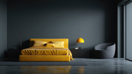 This interior image features a modern bedroom with a yellow bed and pillows set against a dark gray wall. A gray armchair and a yellow lamp sit nearby, while natural light streams in from a window. The scene suggests a contemporary residential setting, suitable for illustrating articles or advertisements.の素材