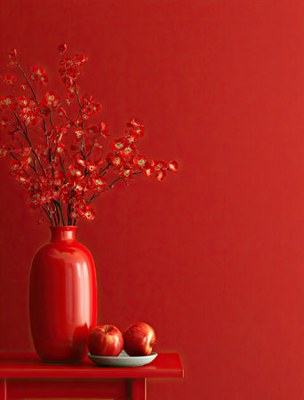 A bright red vase holds delicate blossoms, situated on a matching table alongside two apples on a small plate. The scene presents a monochromatic red palette with subtle textural variations. The composition is likely indoors, the lighting is soft. Suitable for commercial projects, illustrating concepts of home decor.の素材