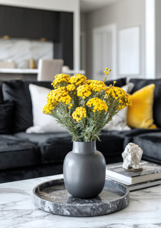 A close-up captures a bouquet of bright yellow flowers in a gray vase, presented on a marble tray atop a modern table. The composition is set in a stylish living room with a dark sofa and bright pillows. This image is suitable for various design, lifestyle, and home decor content.の素材