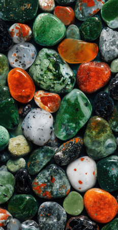 An overhead view showcases a colorful collection of polished stones. The composition displays a varied arrangement, with hues of green, orange, red, and white. The stones exhibit a smooth texture and reflective qualities. This image could be used for commercial or editorial purposes.の素材