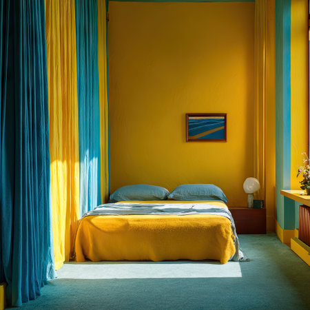 A brightly lit bedroom showcases a yellow bed and walls, contrasted by teal curtains and accents. The scene features soft lighting and a minimalist aesthetic with a picture hanging on the wall. This image is suitable for various commercial applications, including home decor and interior design projects.の素材