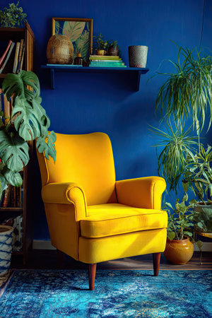 A sunny yellow armchair sits prominently against a deep blue wall, complemented by lush green houseplants and a wooden shelf displaying decorative objects. The composition features strong color contrast and overhead lighting, creating a warm, inviting atmosphere. This image is suitable for various commercial uses, including interior design and lifestyle themes.の素材