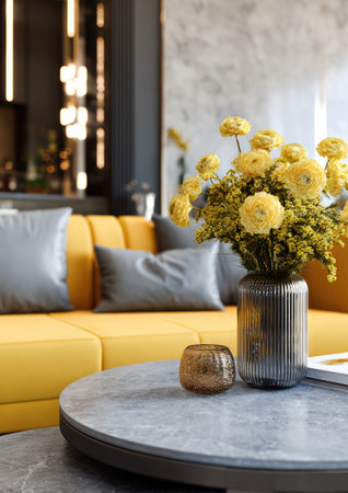 A vibrant arrangement of yellow flowers in a textured vase is placed on a gray table, set against a backdrop of a yellow couch. The scene highlights modern interior design, showcasing a balance of colors and textures. This image could be used in lifestyle publications and home decor projects.の素材