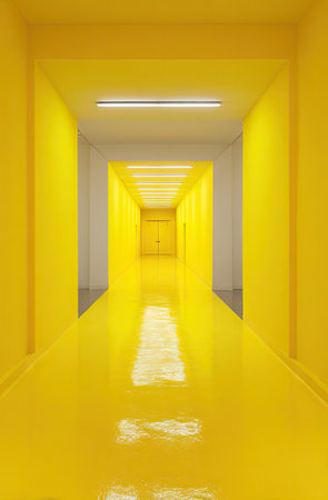 A perspective view features a long yellow corridor with a polished floor and matching walls. Bright overhead lighting illuminates the space, creating a sense of depth and symmetry. The image showcases a minimalist aesthetic, with the focus on color and geometric forms, and could be used for various commercial or design projects.の素材