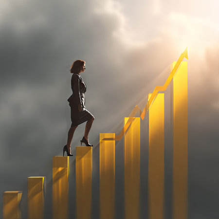 A woman ascends a golden bar chart under a dramatic, overcast sky. The image features strong contrast and uses warm, vibrant colors to highlight the ascending structure. The composition suggests ambition and forward momentum. Suitable for commercial projects illustrating progress, financial gains, or career development themes.の素材