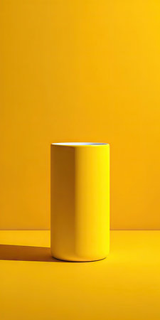 A single, yellow cylindrical object stands centered against a matching background, creating a monochromatic composition. The scene utilizes strong overhead lighting and shadows. This minimalist image, with its clean lines, offers ample copy space and is suitable for various commercial and design applications.の素材