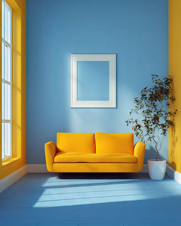A modern interior showcases a yellow sofa and a potted plant set against a blue wall. The composition features a clean design with a rectangular picture frame adding a focal point. Ideal for architectural or design projects, this image has potential uses in advertising or editorial content promoting home decor.の素材