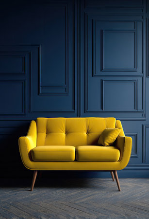 A vibrant yellow sofa is the focal point against a deep blue wall, creating a striking contrast. The interior showcases a modern design with geometric patterns and textures. The lighting highlights the furniture and architectural details, ideal for editorial use or commercial applications. It could be used in home decor or design-related projects.の素材