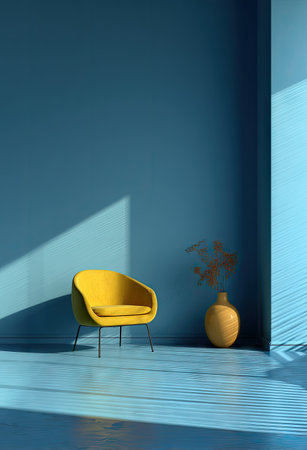 A contemporary interior scene features a vibrant yellow chair and a ceramic vase set against a cool blue wall. Sunlight casts distinct shadows and highlights the textures of the objects and surfaces. This simple and modern composition is suitable for use in design, lifestyle, or marketing projects.の素材