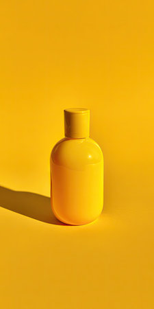 A yellow bottle sits against a bright yellow backdrop, illuminated by directional sunlight. The image showcases the product's form with strong shadows. The composition is clean, emphasizing the bottle's design. Suitable for advertising, design concepts, or visual content related to beauty or healthcare products.の素材