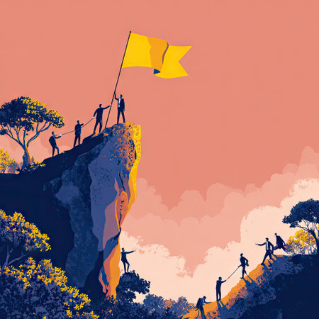 Illustration depicting people scaling a mountain and reaching a flag on its summit. The visual features a bold composition with silhouettes against a gradient orange sky. The style presents a vector aesthetic, possibly useful for themes of achievement and overcoming obstacles, suitable for various projects.の素材