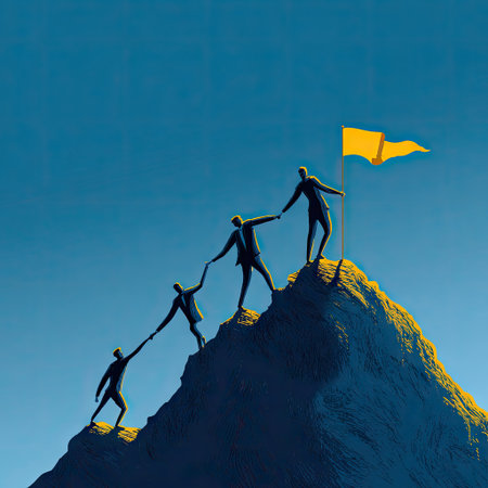 Illustration depicts a team of figures ascending a mountain to plant a flag. The composition features a vibrant blue sky and a textured mountain. The figures appear as silhouettes, emphasizing the act of teamwork. This image could be used in a variety of commercial projects.の素材