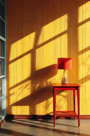 A red lamp and side table are positioned against a yellow wall with strong sunlight creating bold shadow patterns. The warm color palette, with vertical wood textures, and natural light, contributes to a calm, minimalist aesthetic. Suitable for decorative, home decor, and design projects, this image can be used for various commercial and editorial needs.の素材