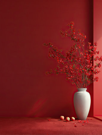 This image showcases a white vase holding red flowers set against a deep red wall. The composition emphasizes the floral arrangement and vase with a complementary red floor, creating a minimalist interior design. The scene might be used for commercial projects or editorials related to decor, design, or botanical themes.の素材
