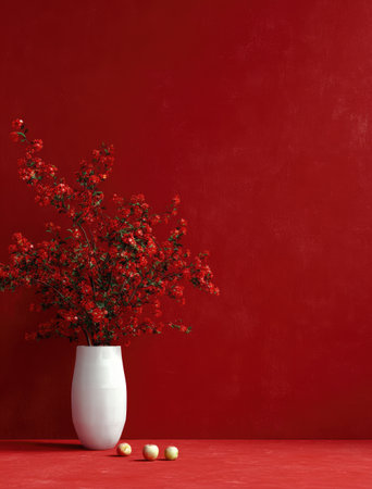 A white vase holds bright red flowers, set against a deep red backdrop and surface. The composition emphasizes the contrast between the vase and background. The lighting appears soft, highlighting the flowers' texture. This image suits various editorial and commercial applications that require a vibrant and elegant visual.の素材