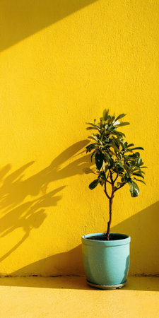 A small potted plant is positioned against a solid yellow background, with the strong sunlight casting a shadow. The composition has bright yellow and green colors creating a visual contrast. This image might be suitable for various editorial and commercial applications, including lifestyle or nature content.の素材