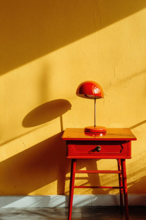 A red lamp with a curved shade sits on a small red table, casting a shadow on a yellow wall. The composition uses strong light and shadow, with a focus on geometric shapes and color contrast. The image creates a minimalist aesthetic, suitable for various applications, including design or advertising.の素材