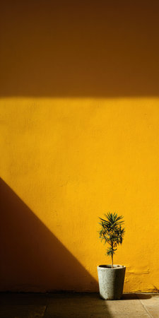 A potted plant stands before a vivid yellow wall, illuminated by strong sunlight and cast shadows. The image showcases a contrast of textures, with the smooth wall and the textured plant. The composition suggests a focused, simple design that could be utilized for various commercial and editorial applications.の素材
