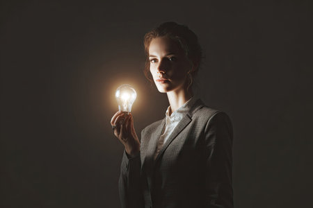 A woman in formal attire holds a lit light bulb, illuminated against a dark backdrop. The image features soft lighting and a focus on the subject's face. This composition hints at concepts like creativity, knowledge, and problem-solving. This image could be suitable for various commercial uses, including advertising or educational materials.の素材