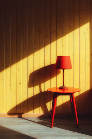 A vibrant red lamp rests on a small table against a yellow wooden wall. The scene is illuminated by bright sunlight, creating strong shadows. The composition showcases the interplay of light and shadow and is suitable for various commercial or editorial applications.の素材