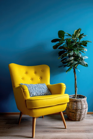 A vibrant yellow armchair sits next to a potted plant in a woven basket against a contrasting blue wall. The scene is brightly lit, showcasing the texture of the chair and the details of the plant. This setting would be suitable for various design, interior, or lifestyle-related applications.の素材