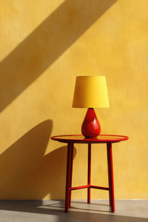 A red table supports a lamp with a yellow lampshade, positioned against a yellow wall. The composition features strong shadows cast by sunlight, creating a graphic interplay of light and shape. This image, emphasizing color and form, is suitable for a variety of commercial and editorial applications.の素材