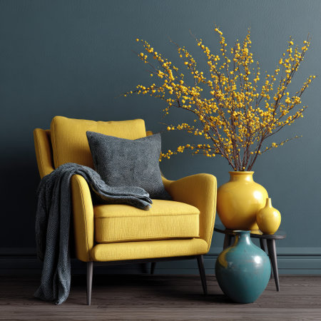 A vibrant yellow armchair sits in front of a teal wall, featuring decorative vases and branches with yellow flowers. A gray pillow and a folded blanket adds a contrast. The scene suggests an indoor setting with even lighting. Suitable for use in interior design, lifestyle, or editorial applications.の素材