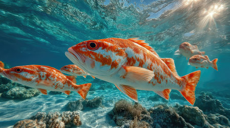 A school of orange fish swimming in the water, sunlight shining on them from above, creating beautiful light and shadow effects. The background is blue with some white clouds floating, creating an atmosphere full of vitality. --chaos 20 --ar 16:9 --stylize 750 --v 7 Job ID: 5e2e4f47-0881-4072-9524-f88d724af9abの素材