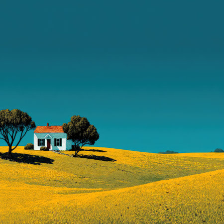 A small house on top of the green hill, minimalist landscape style, smooth lines, white and light blue, green grassland background, bright sunshine, high-resolution photography, wide-angle lens perspective, pure colors, tranquil atmosphere. The small house stands tall against the backdrop of rolling hills, with lush trees casting shadows in its surroundings. --chaos 30 --stylize 750 --v 7 Job ID: dc0e4f3a-8a9b-4d32-97a8-a394ea8c2369の素材