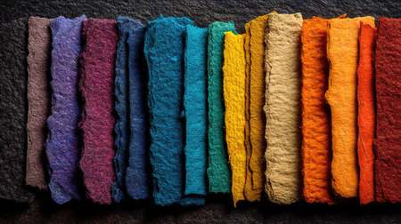 A set of hand-dyed paper swatches in various colors, showcasing the variety and beauty of each color on textured papers. The colors range from deep purples to bright oranges, with shades that blend seamlessly between hues. Each piece is carefully arranged side by side for easy comparison, offering an immersive experience where you can see how these colorful paper samples convey their unique aesthetic essence. --ar 16:9 --quality 2 --stylize 750 --v 7 Job ID: b8eecae1-f8ee-497c-b12c-4b7c9aed51eaの素材