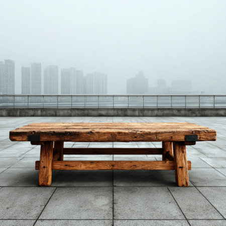 A simple wooden bench on the side of an empty square, with white fog in front of and behind it. The style is minimalist, with a product photography aesthetic. The image has a large aperture, a gray background, and a white sky. The overall look is clean and minimalist, with high resolution, high detail, and high contrast. The image has a high level of graininess. The view is from the front, and no one is sitting on the bench. --chaos 30 --stylize 750 --v 7 Job ID: 8a4eac49-5144-453d-b53d-38c2fb375e5dの素材