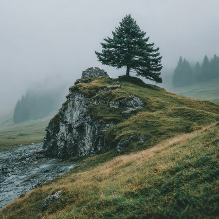 A small pine tree atop the mountain, surrounded by clouds and mist in high-definition photography. The distant view is vast, with green mountains in between, creating an epic atmosphere. In front of it stand tall cliffs, shrouded in fog. A large cairn sits atop one of these rocks, adding to its majestic presence. This scene captures magnificent natural scenery, showcasing breathtaking landscapes. --chaos 30 --stylize 750 --v 7 Job ID: 5298af80-57ca-462c-8243-38b7e98b72d5の素材
