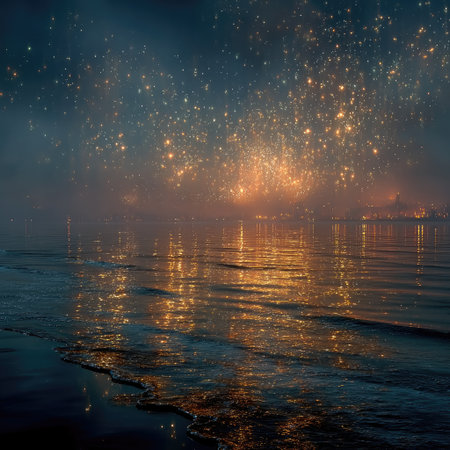 A starry sky background with blue and yellow lights, creating an atmosphere of mystery and wonder. The glowing stars reflect on the calm sea surface below, creating beautiful reflections in shades of light navy blue and white. This scene is perfect for science fiction or fantasy-themed designs that need to convey depth while maintaining an overall cool tone. It's ideal as a backdrop for product images or posters, showcasing high-quality visuals. --chaos 30 --stylize 750 --v 7 Job ID: ee39e63a-7ec4-4826-ae3f-e8a2628d75dbの素材