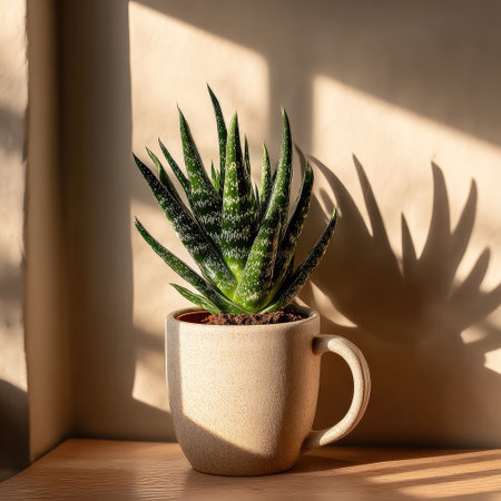 A small potted plant on an empty white mug on the table, with light and shadow creating geometric patterns on the wall behind it. The background is a clean beige, creating soft tones. Minimalist style, product photography, bright environment, high resolution, high detail, high quality. --chaos 30 --stylize 750 --v 7 Job ID: 81244835-68d6-477f-9bbc-587033b78c7aの素材