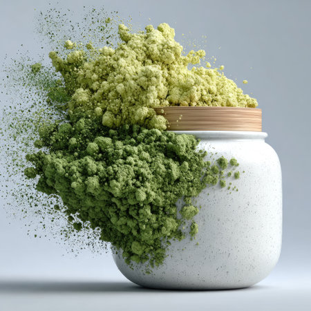 A white plastic jar with green powder disintegrating, set against a white background. 3D rendering, close-up, high-resolution photography, high detail, aesthetic photorealistic illustration in pastel colors. Beautiful composition of objects, minimalism, stock photo, professional color grading, clean sharp focus, soft shadows, and low contrast for a highly detailed and high-resolution image. --chaos 30 --stylize 750 --v 7 Job ID: 97157865-720c-4ef9-a59f-27073a9eb9c3の素材