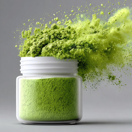 A white plastic jar with green powder disintegrating, set against a white background. 3D rendering, close-up, high-resolution photography, high detail, aesthetic photorealistic illustration in pastel colors. Beautiful composition of objects, minimalism, stock photo, professional color grading, clean sharp focus, soft shadows, and low contrast for a highly detailed and high-resolution image. --chaos 30 --stylize 750 --v 7 Job ID: 97157865-720c-4ef9-a59f-27073a9eb9c3の素材