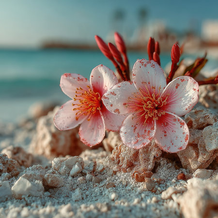 A white sand, tropical beach with two pink plumeria flowers lying on the fine white sand. Photorealistic, in the style of Fujifilm Provia 400x. --chaos 30 --stylize 750 --v 7 Job ID: e0428bdd-a053-49f2-9392-dfeaee2d2bf6の素材