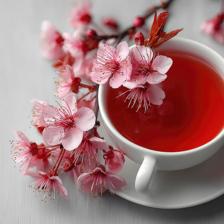 Cup of tea with cherry blossoms on wooden table, closeupの素材