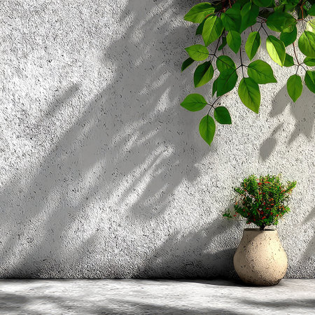 A white wall with green leaves and sunlight shining on it, creating beautiful shadows. The background is simple yet elegant, providing an ideal setting for product display or presentation. It creates a serene atmosphere that evokes tranquility and nature's beauty. --chaos 30 --stylize 750 --v 7 Job ID: 4bac101b-f2b0-49cc-a744-44c1a7d37aebの素材
